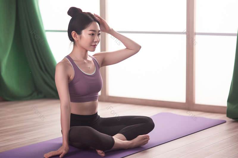 女人坐在瑜伽垫上练习瑜伽,高清,摄影图,摄影图片,图片大全,摄影图免费下载